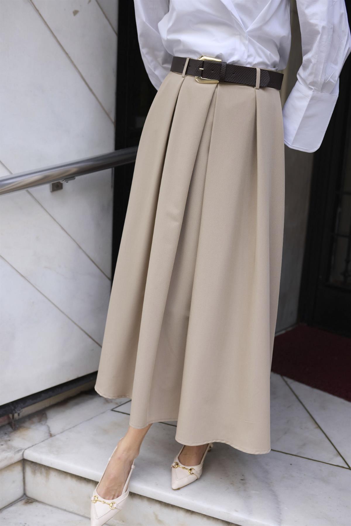 3360 POLİVİSKON KEMERLİ ETEK CAMEL