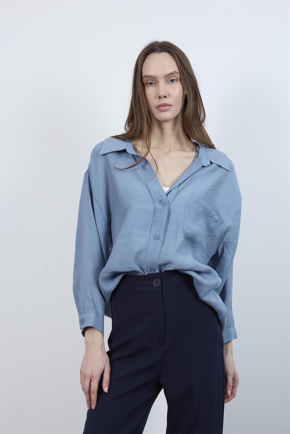 4612 DÜŞÜK OMUZLU OVERSİZE GÖMLEK GRİ-MAVİ