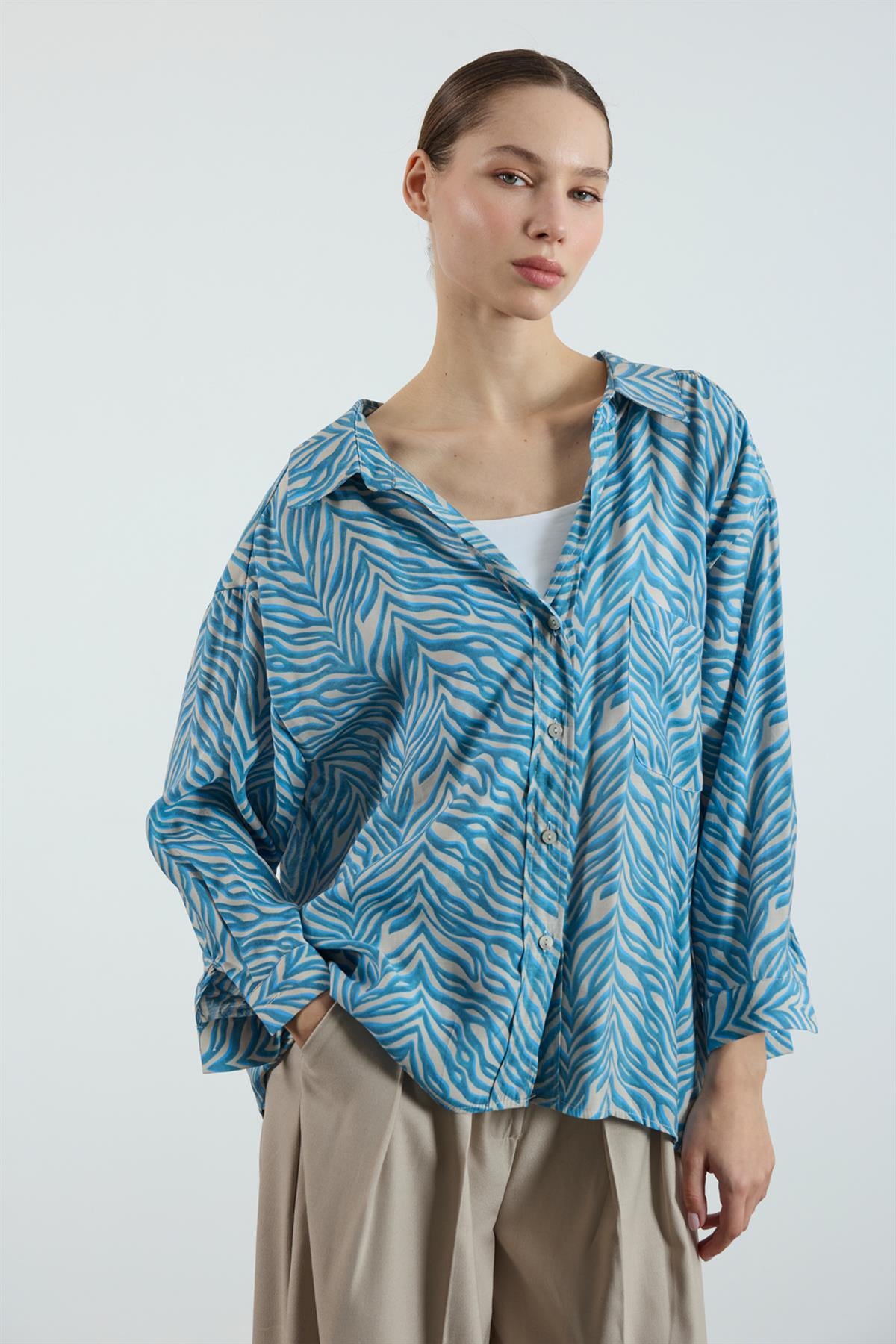 4960 DESENLİ OVERSIZE GÖMLEK İNDİGO
