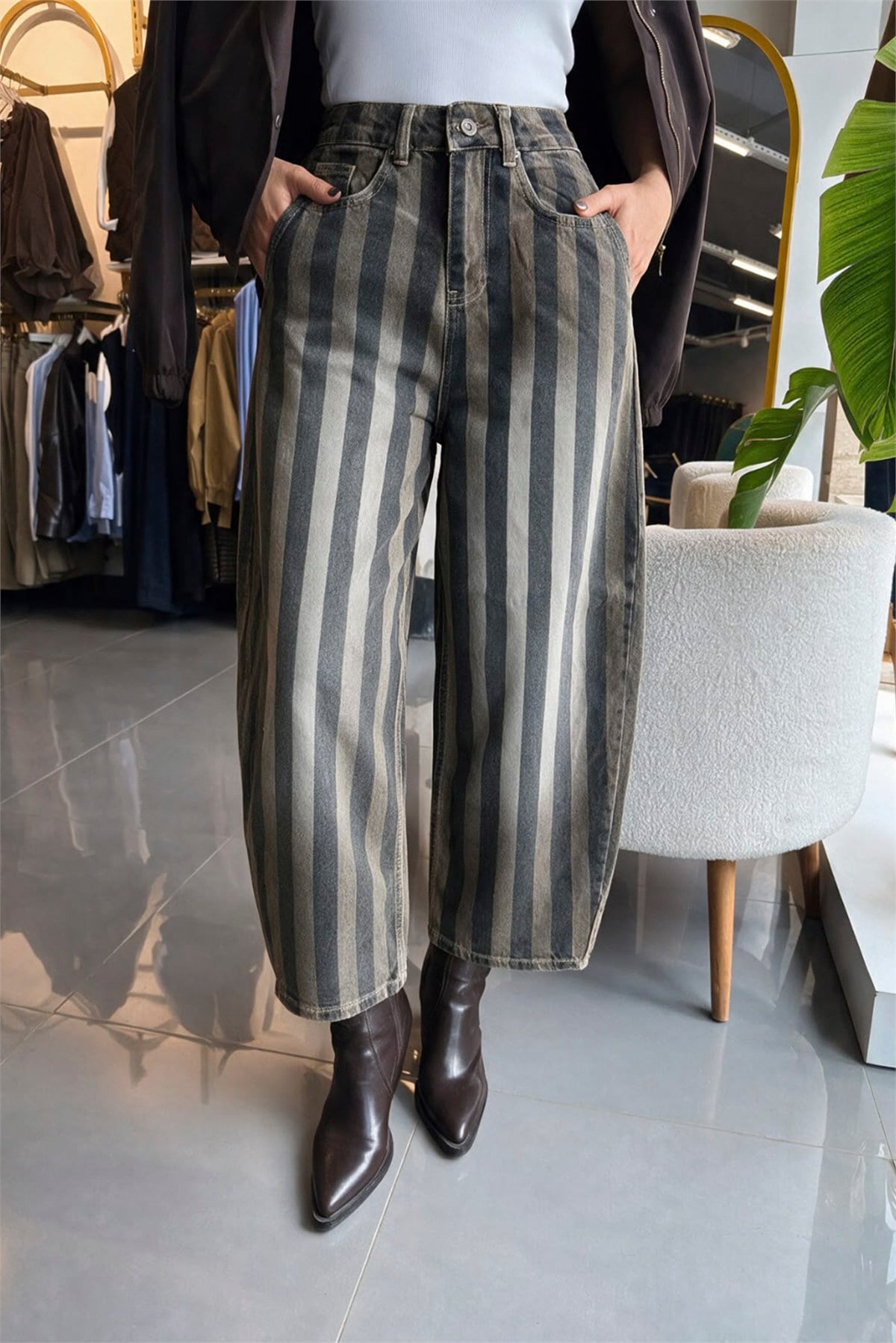 0111 PERRY STRIPED BARREL JEAN OLİVE