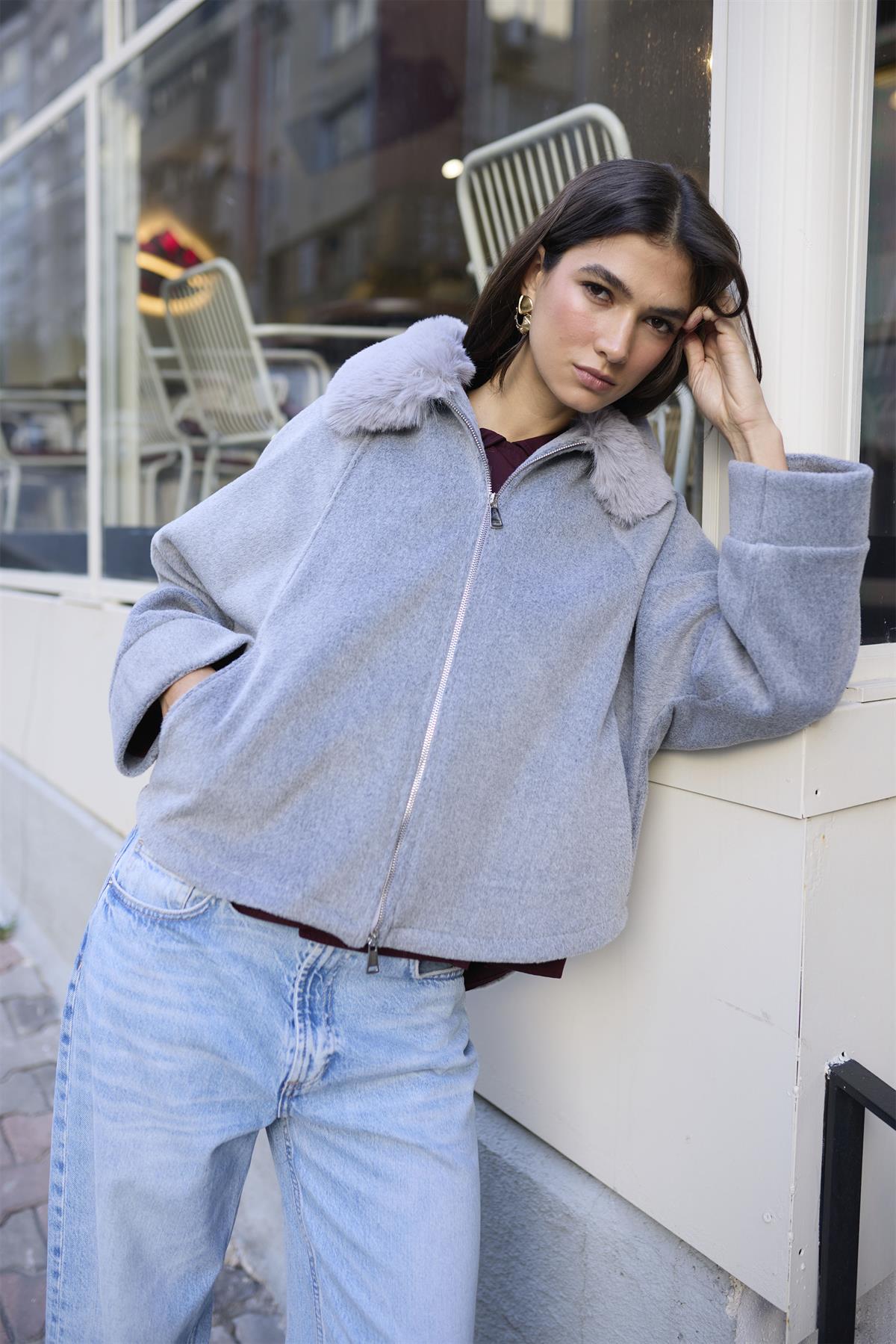 9660 YAKA KÜRKLÜ KAŞE MONT GRİ