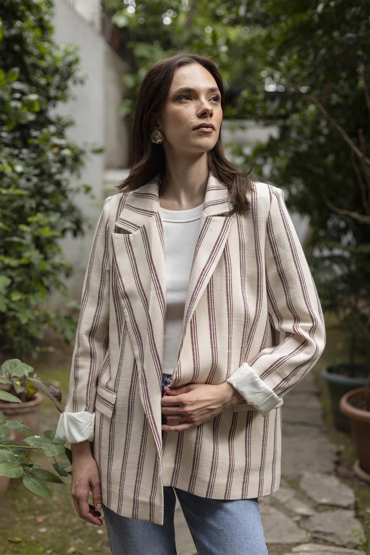 9424 ÇİZGİLİ KETEN CEKET (9134) TAŞ-BORDO