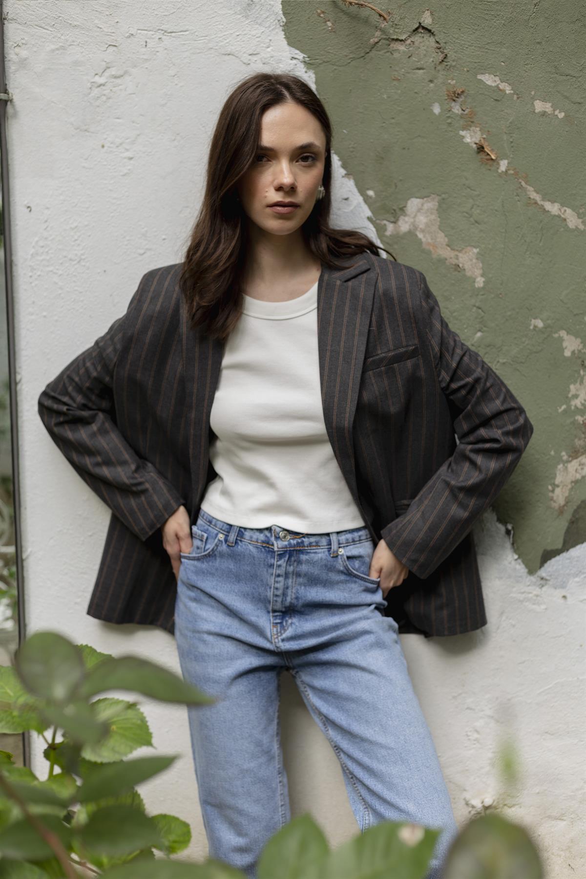 9558 ÇİZGİLİ POLİVİSKON CEKET ANTRASİT-BORDO