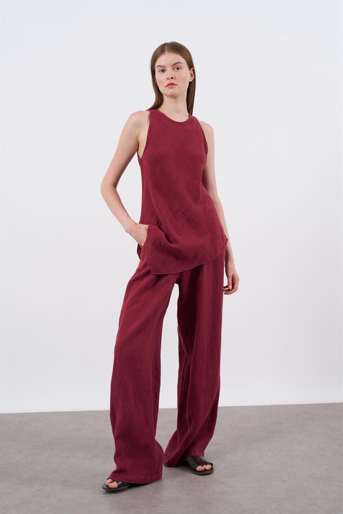 51012 SIFIR KOLLU BLUZLU TAKIM BORDO