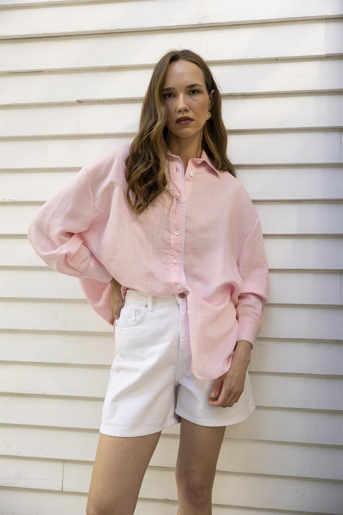 4958 DANTELLİ ÇİZGİLİ GÖMLEK PEMBE-BEYAZ