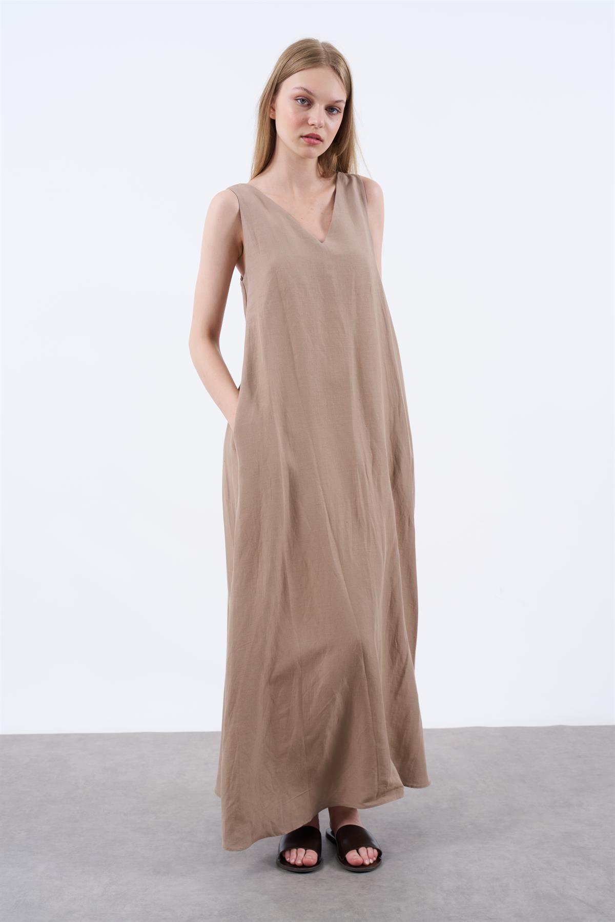 3216 LASTİK ASKILI ELBİSE VİZON