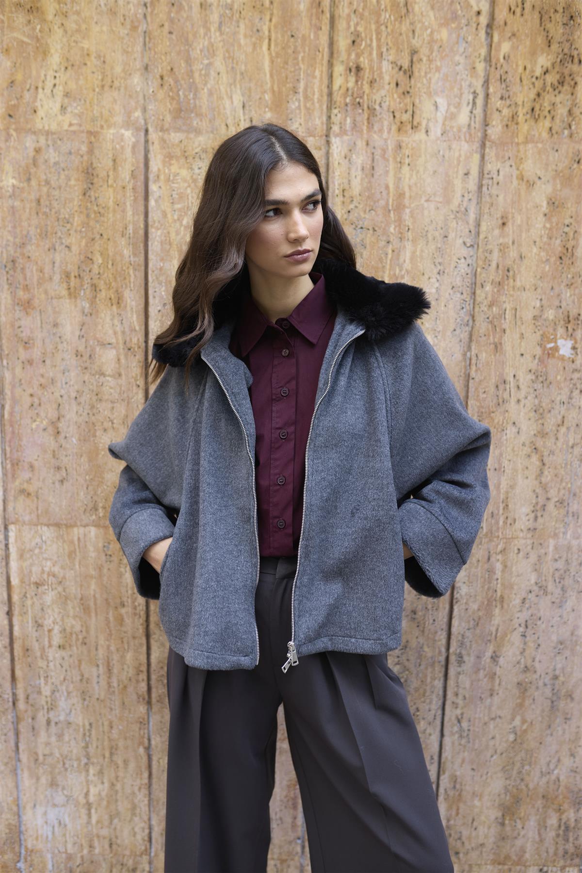 9660 YAKA KÜRKLÜ KAŞE MONT ANTRASİT