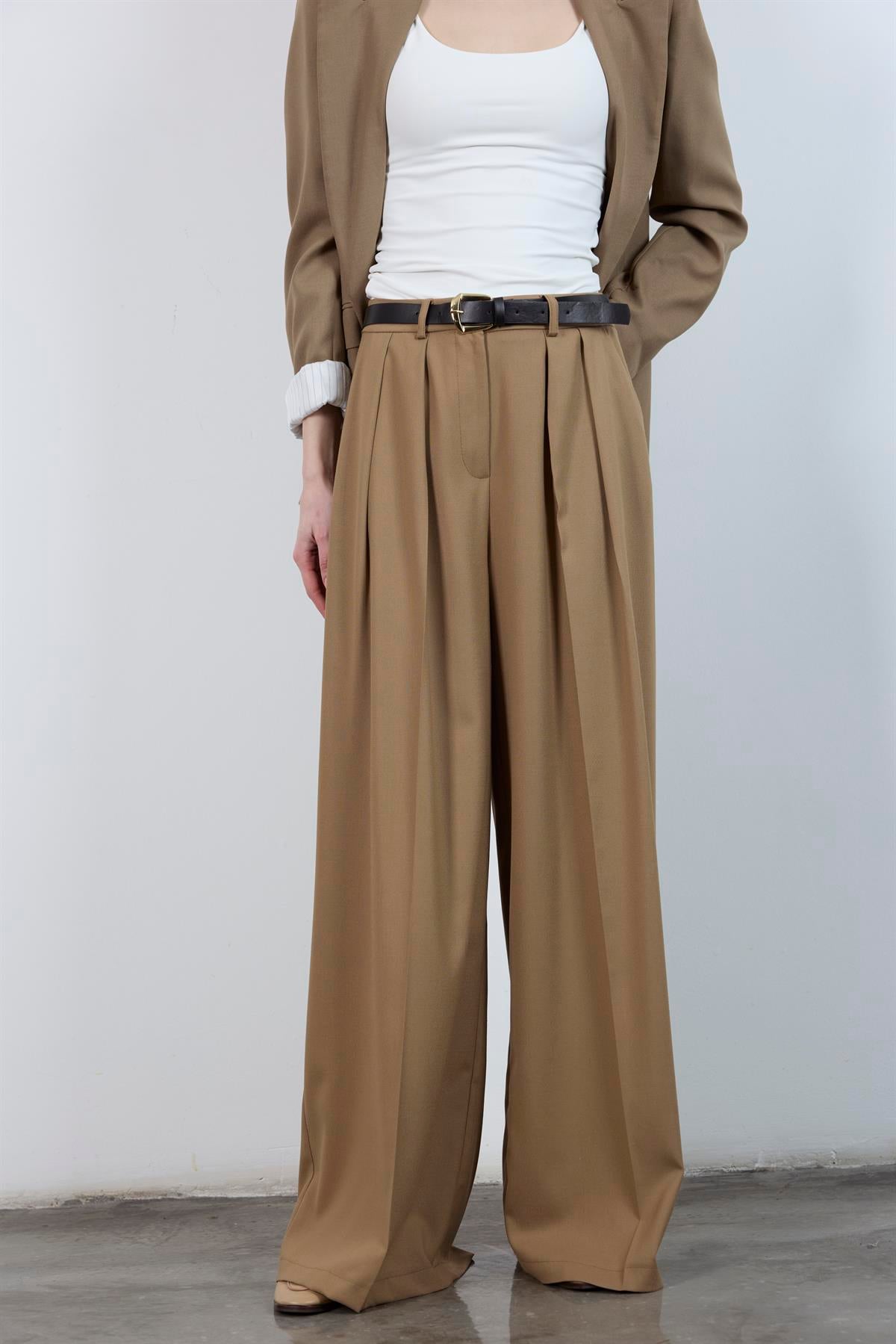 51070 PİLİLİ PALAZZO KEMERLİ PANTOLON KARAMEL