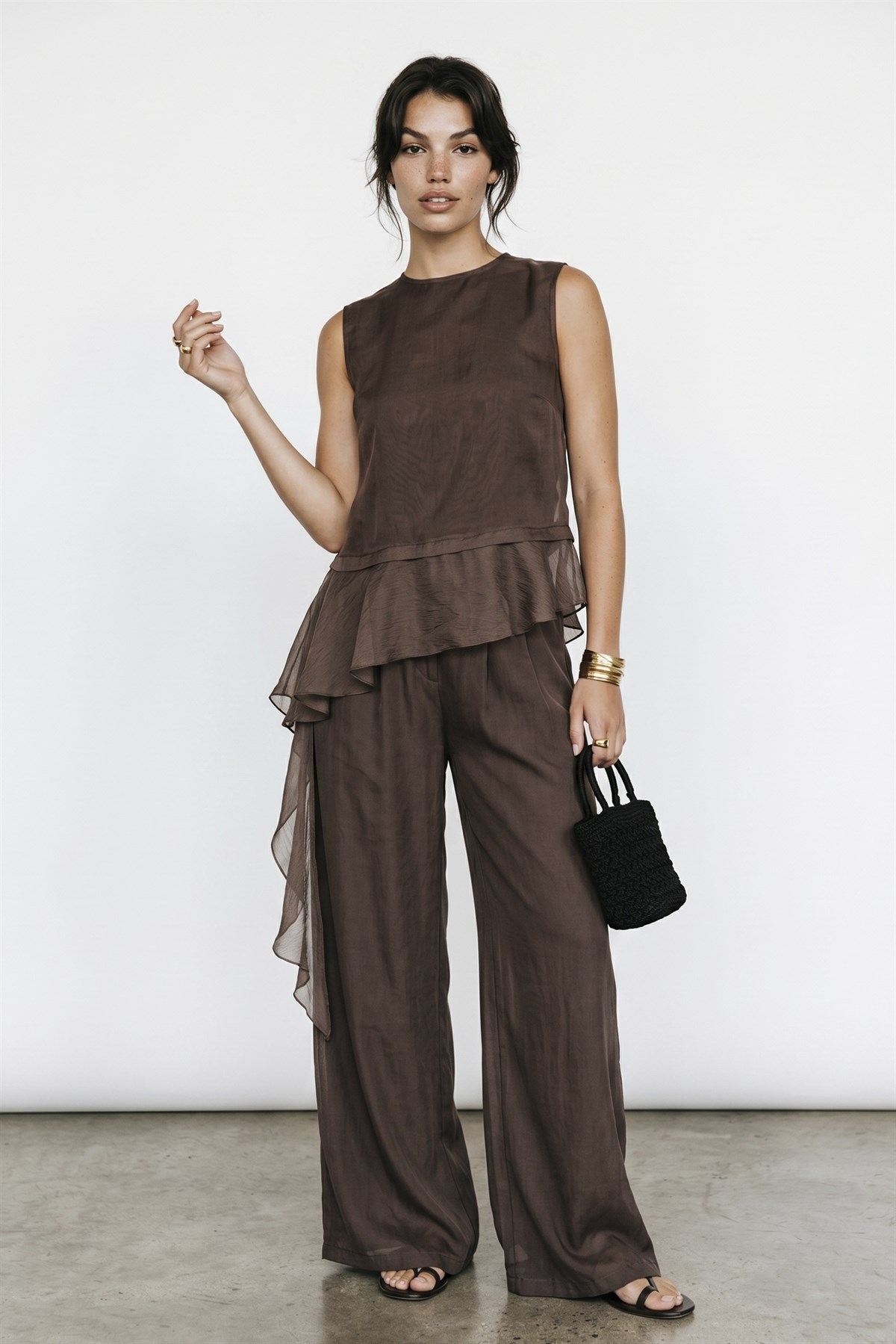 51391 GARNİLİ BLUZ PANTOLON TAKIM KAHVE