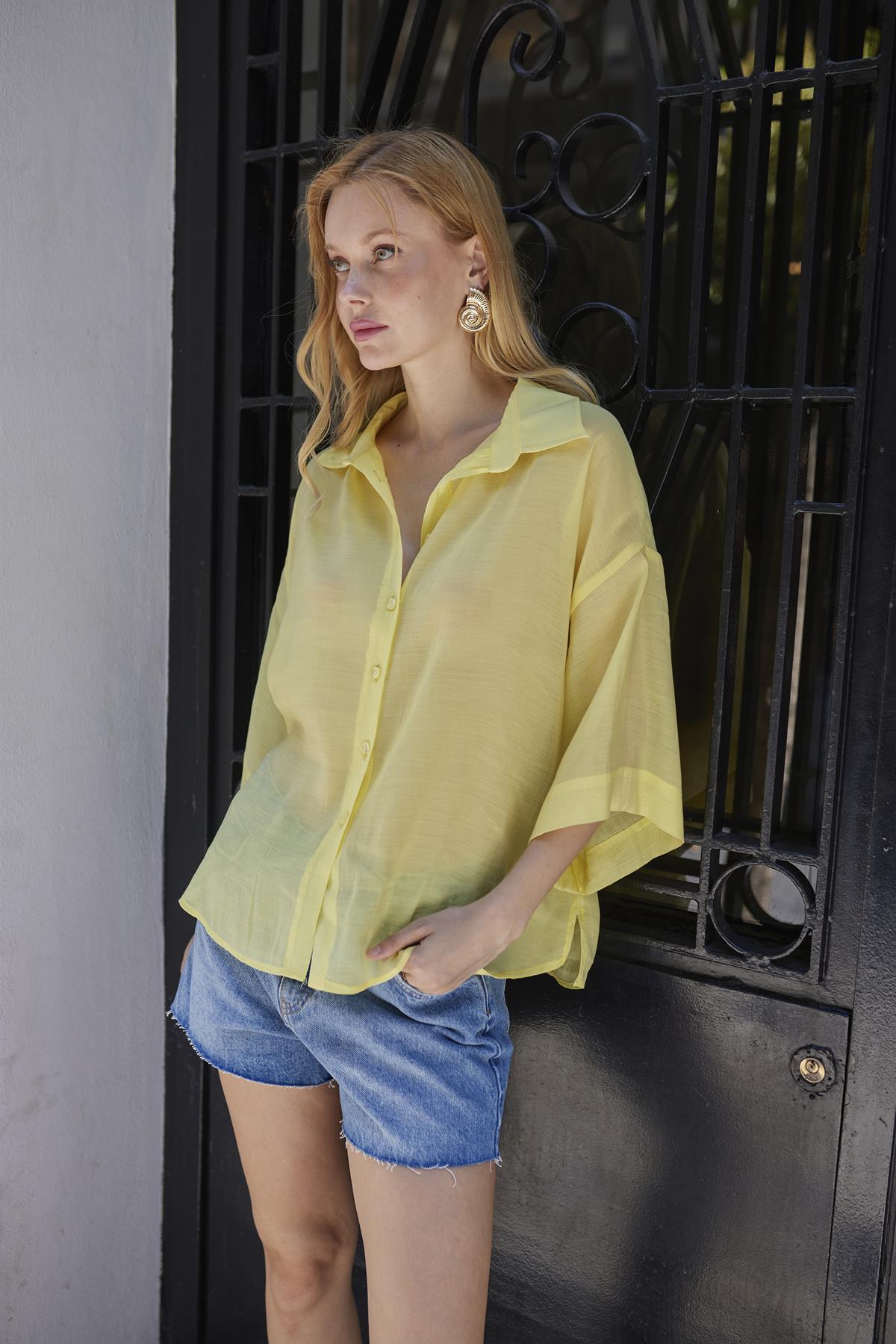 4927 OVERSIZE İPEKSİ GÖMLEK LİMON
