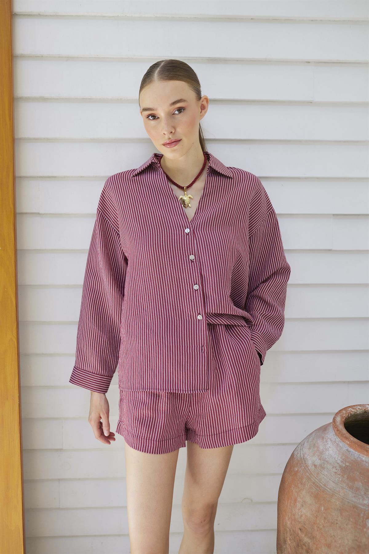 4906 ÇİZGİLİ GÖMLEK BORDO
