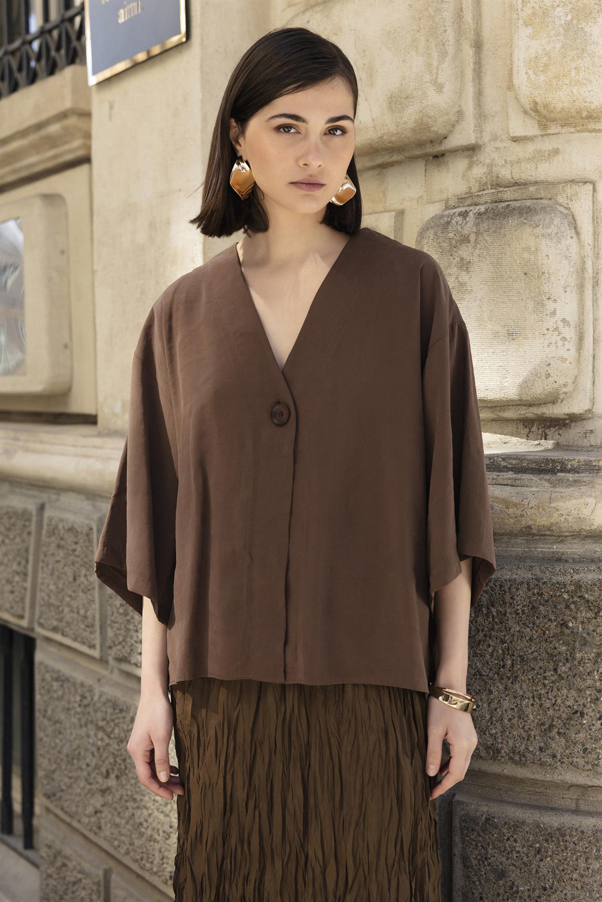 4961 ÖNDEN BAĞLAMALI BLUZ KAHVE