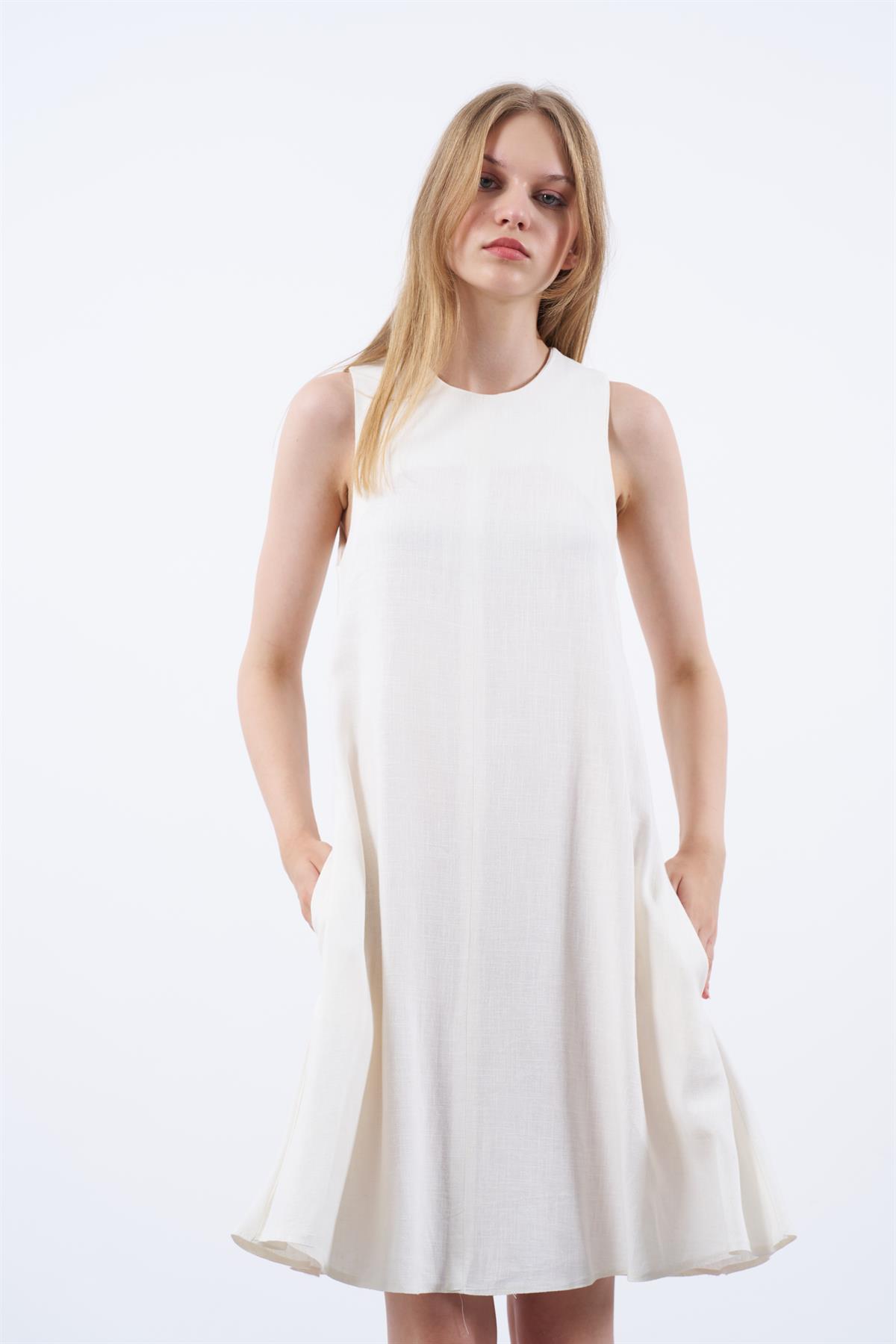 3181 SIFIR KOL KETEN ELBİSE BEYAZ