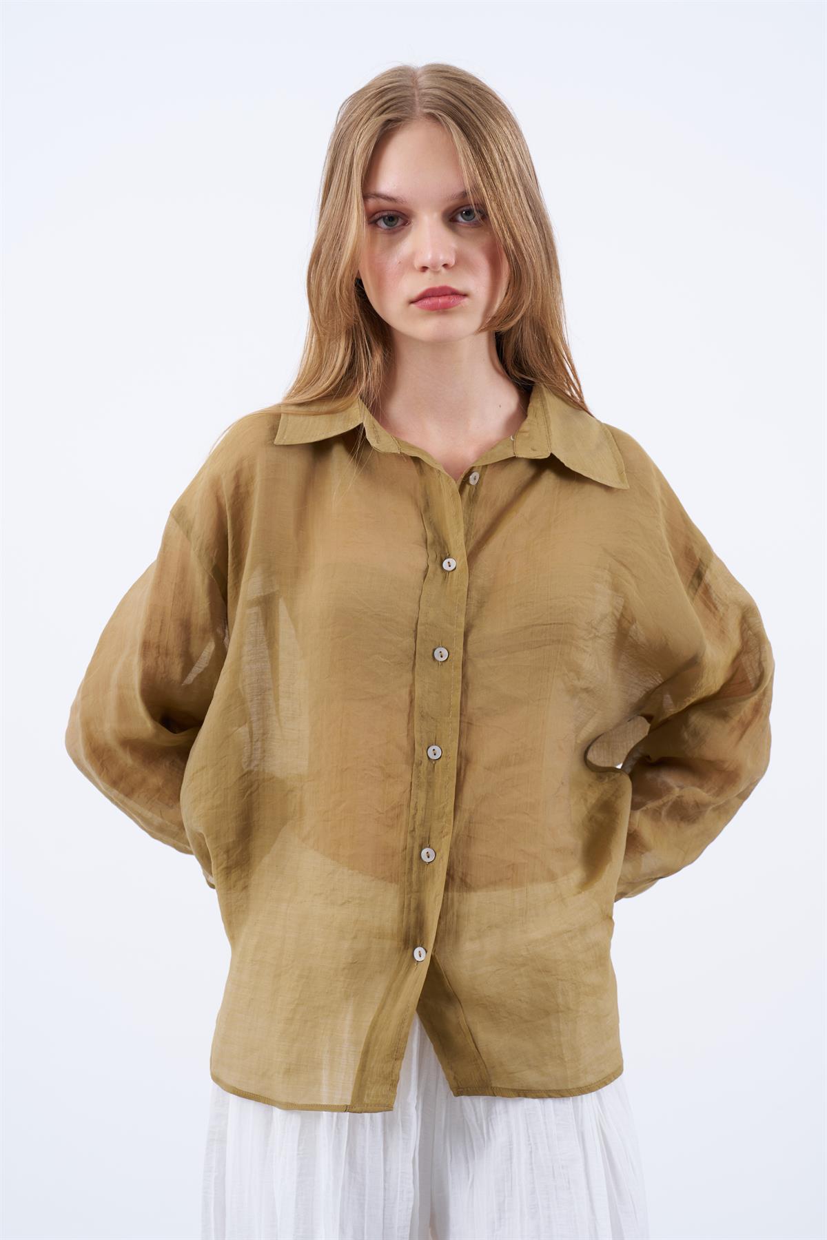 4924 OVERSIZE İPEKSİ GÖMLEK OLİVE