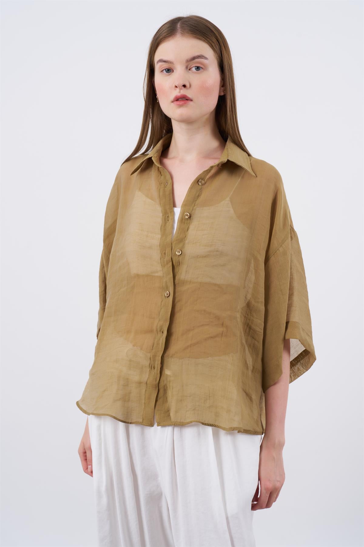 4927 OVERSIZE İPEKSİ GÖMLEK OLİVE