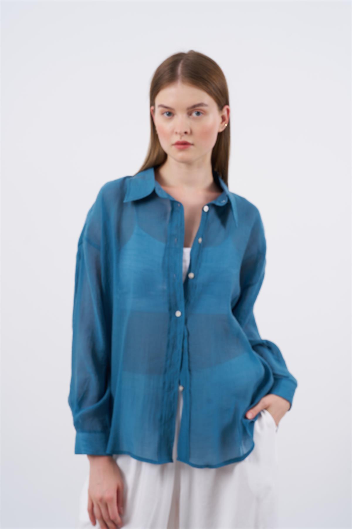 4924 OVERSIZE İPEKSİ GÖMLEK PETROL MAVİ