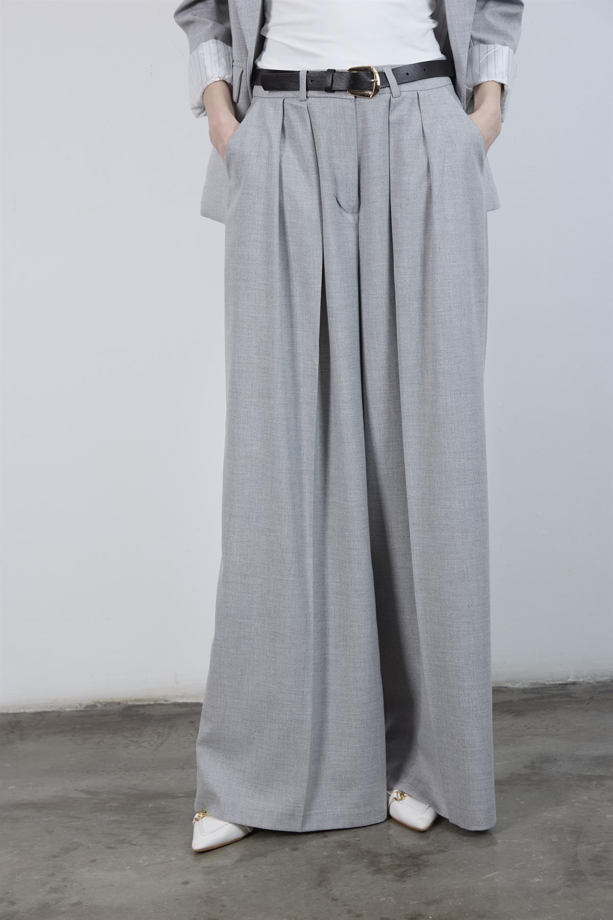 51070 PİLİLİ PALAZZO KEMERLİ PANTOLON GRİ