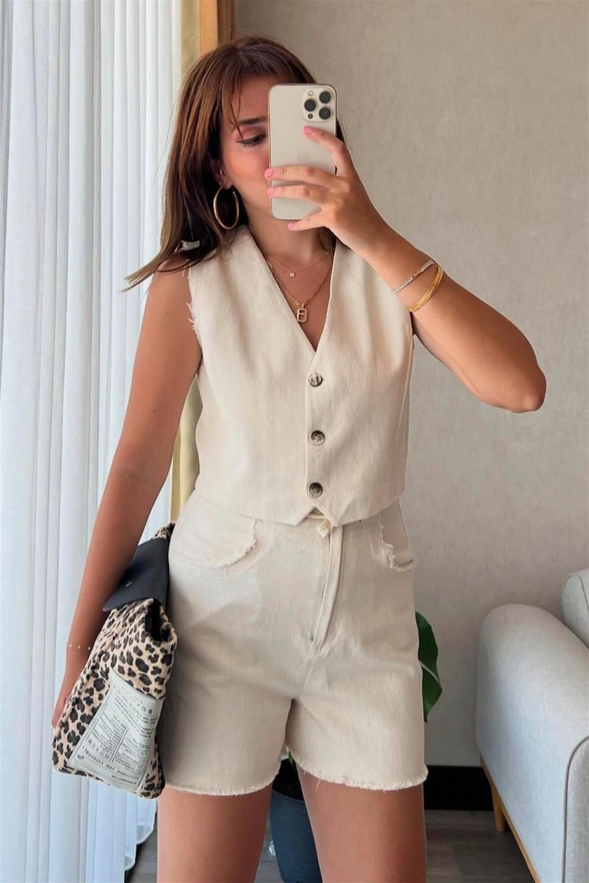 51054 GABARDİN YELEK ŞORT TAKIM TAŞ