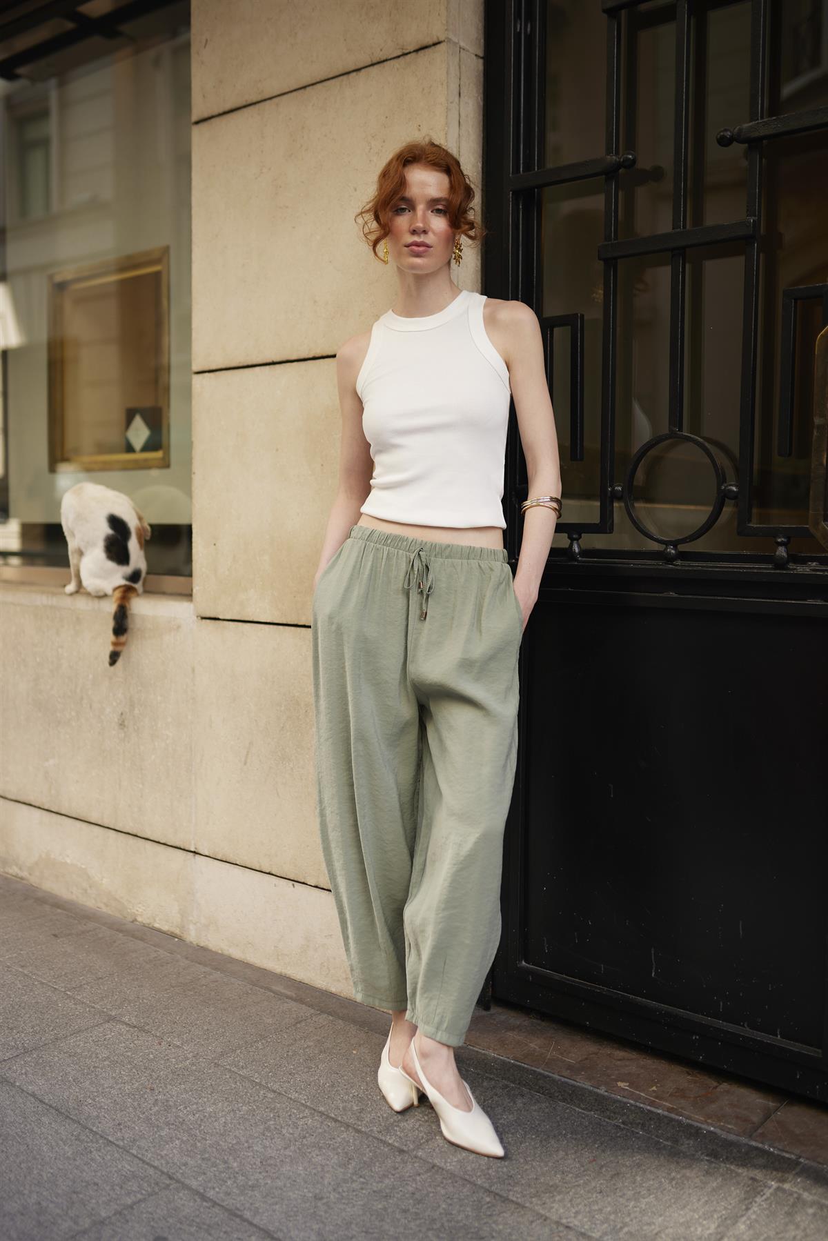 51106 BELİ LASTİKLİ PANTOLON ÇAĞLA YEŞİL