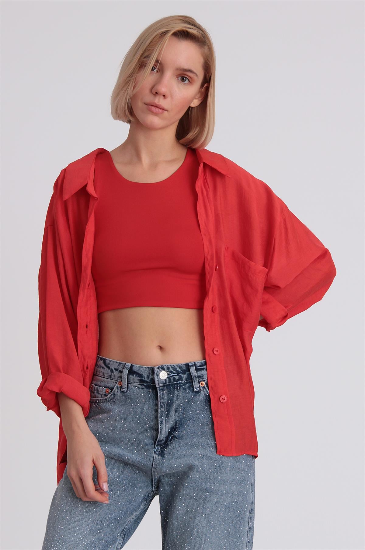 4612 DÜŞÜK OMUZLU OVERSİZE GÖMLEK KIRMIZI