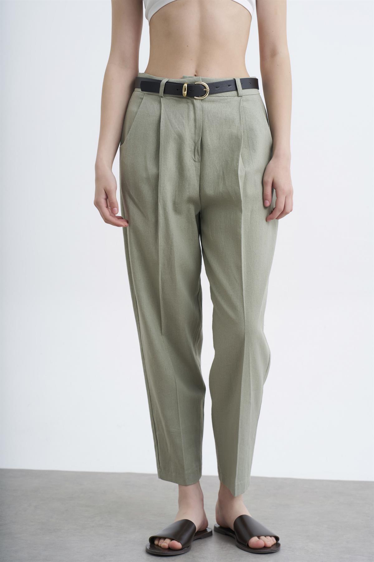 50985 KEMERLİ KETEN PANTOLON ÇAĞLA YEŞİL