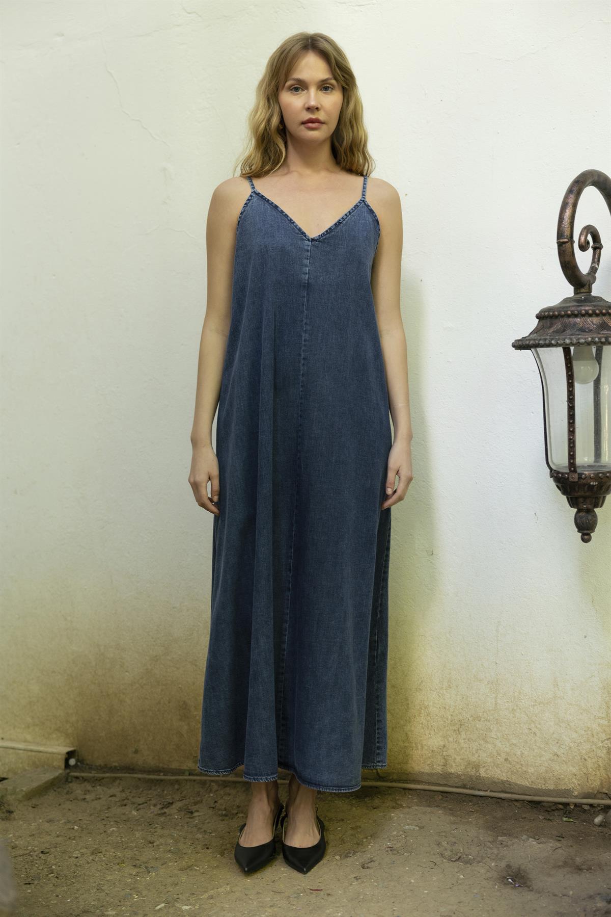 0091 İP ASKILI DENİM ELBİSE MAVİ