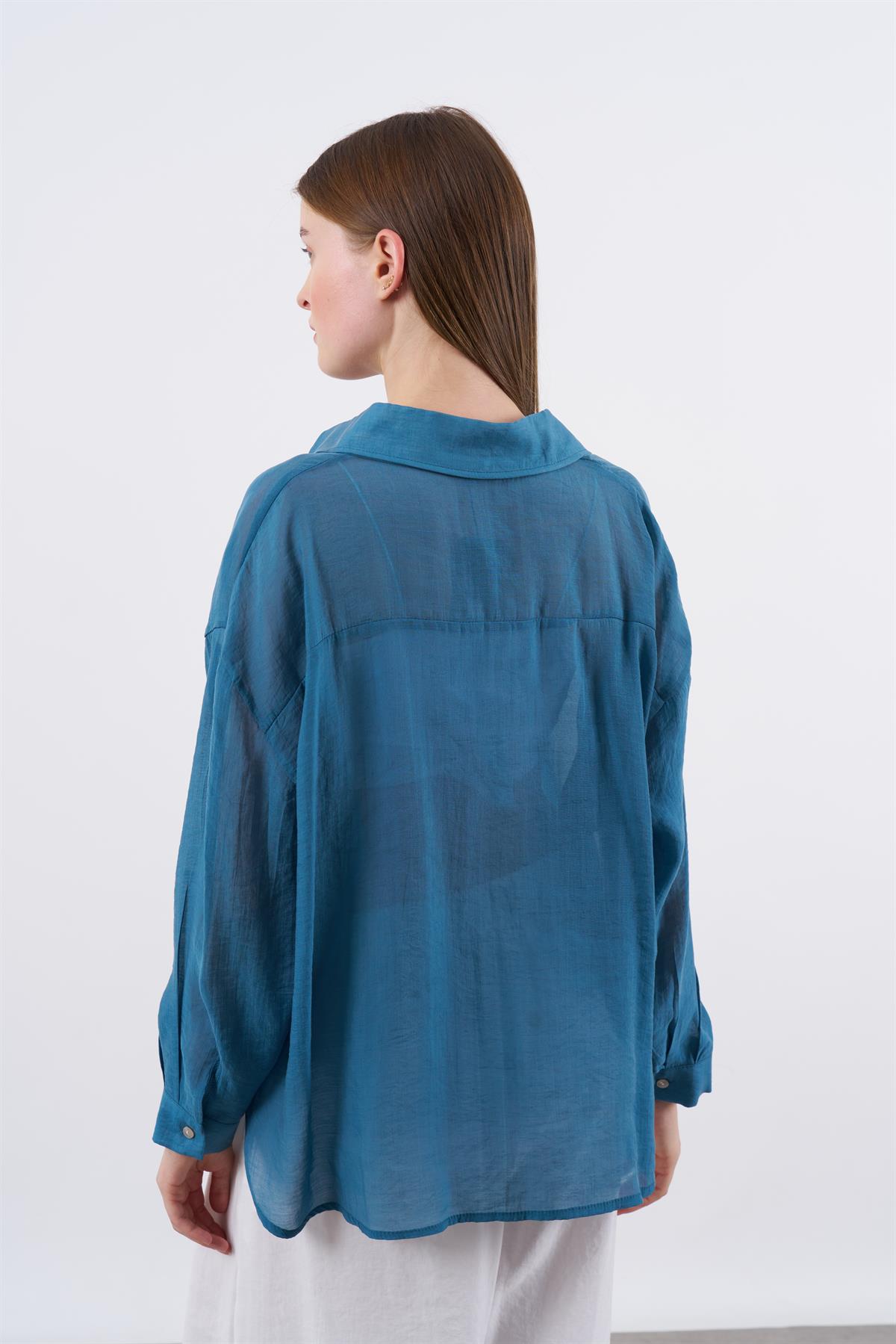 4924 OVERSIZE İPEKSİ GÖMLEK PETROL MAVİ