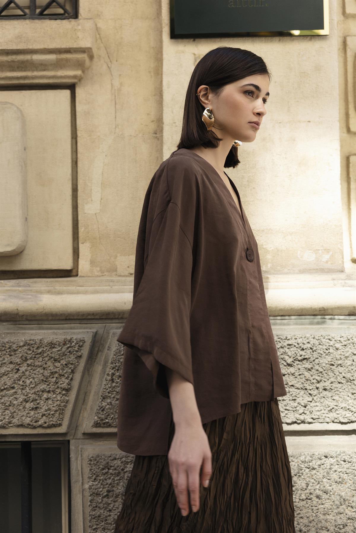 4961 ÖNDEN BAĞLAMALI BLUZ KAHVE