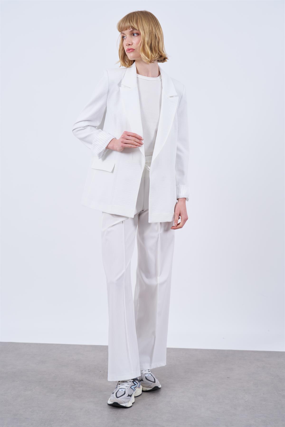 9158 ÇİZGİLİ ASTARLI KETEN CEKET BEYAZ