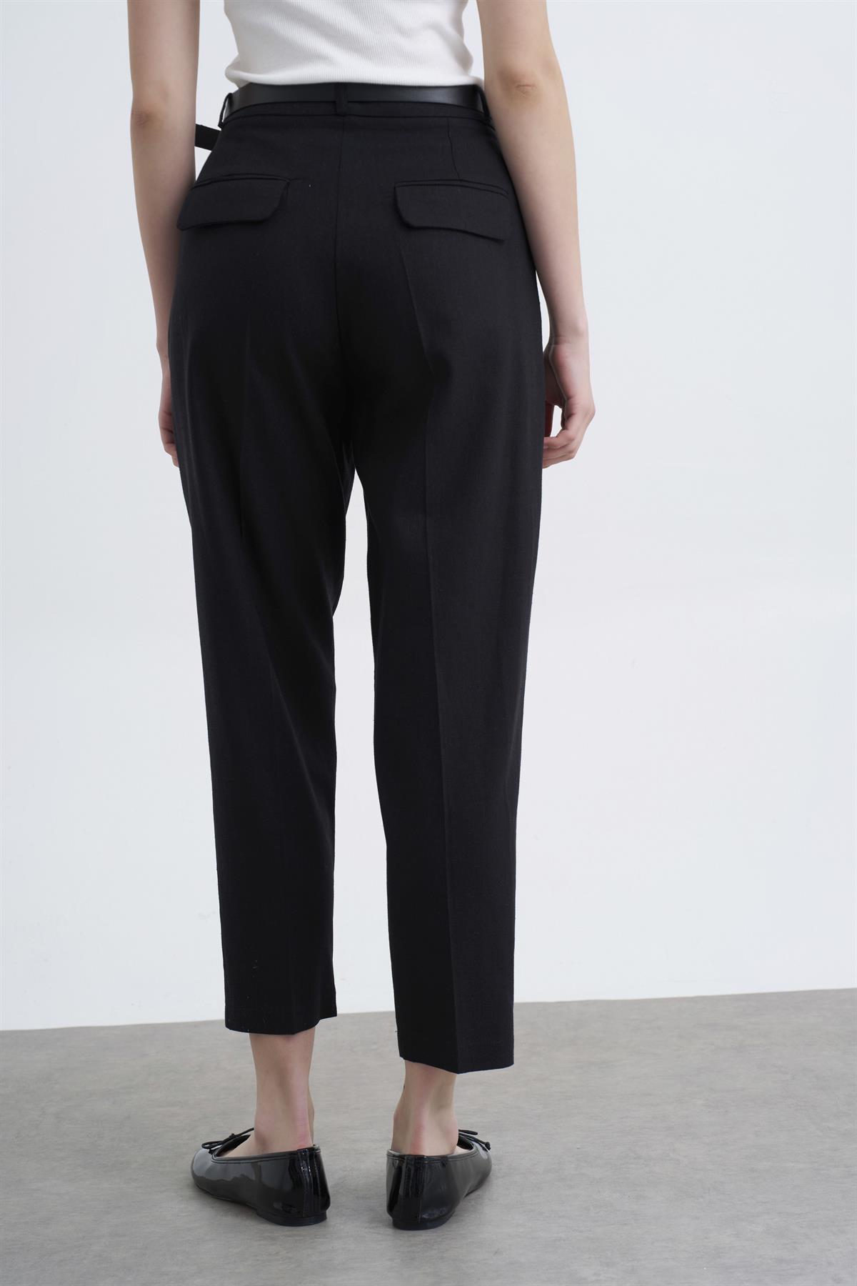 50985 KEMERLİ KETEN PANTOLON SİYAH