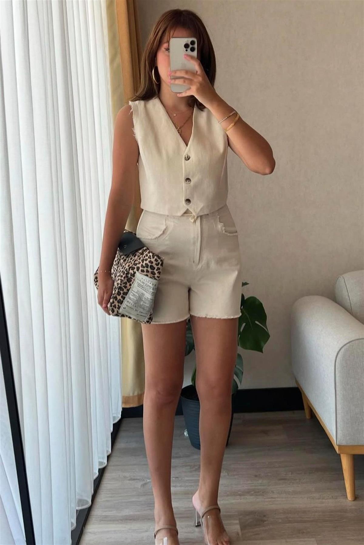 51054 GABARDİN YELEK ŞORT TAKIM TAŞ