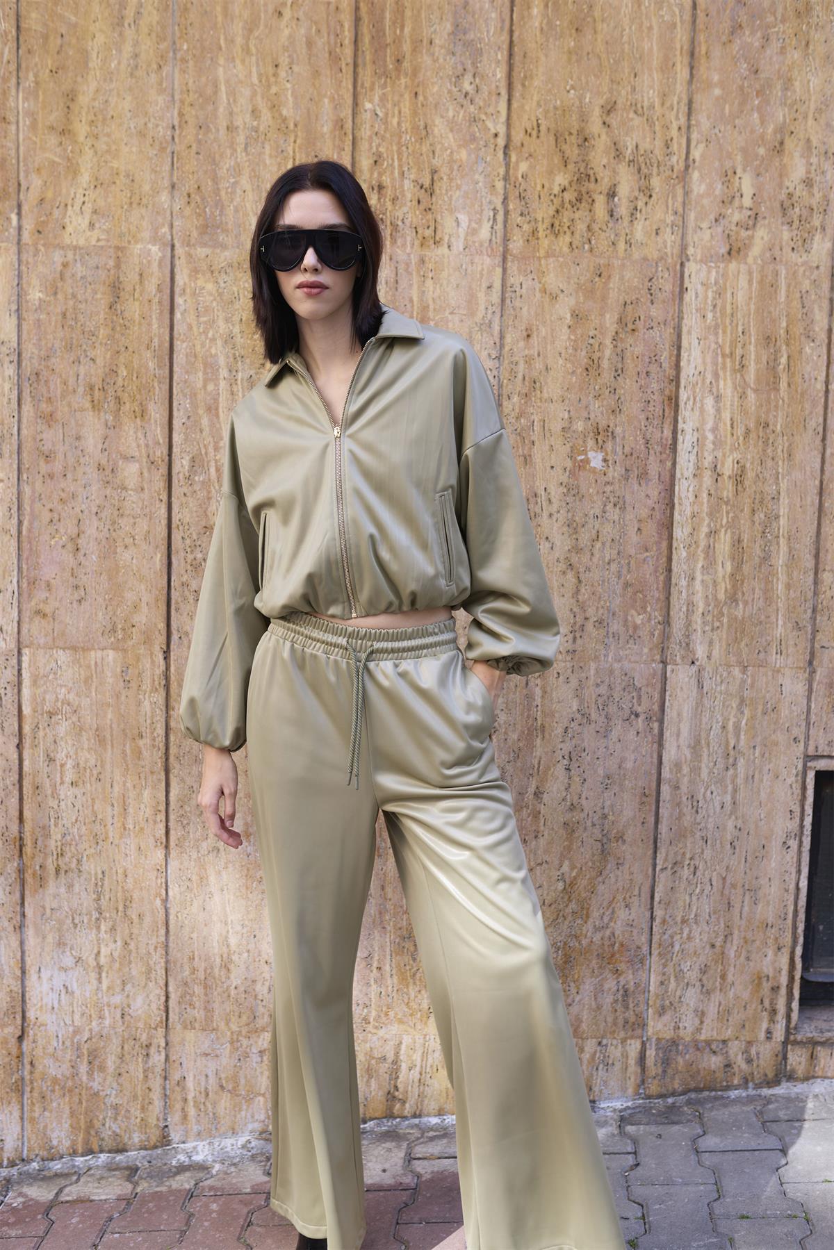 51231 DERİ CEKET PANTOLON TAKIM OLİVE