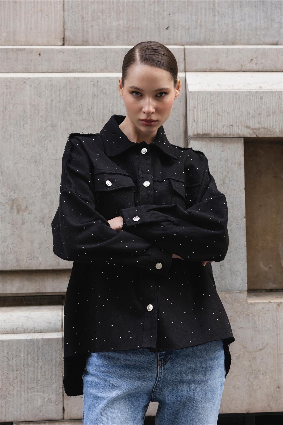 9566 GABARDİN TAŞLI CEKET SİYAH