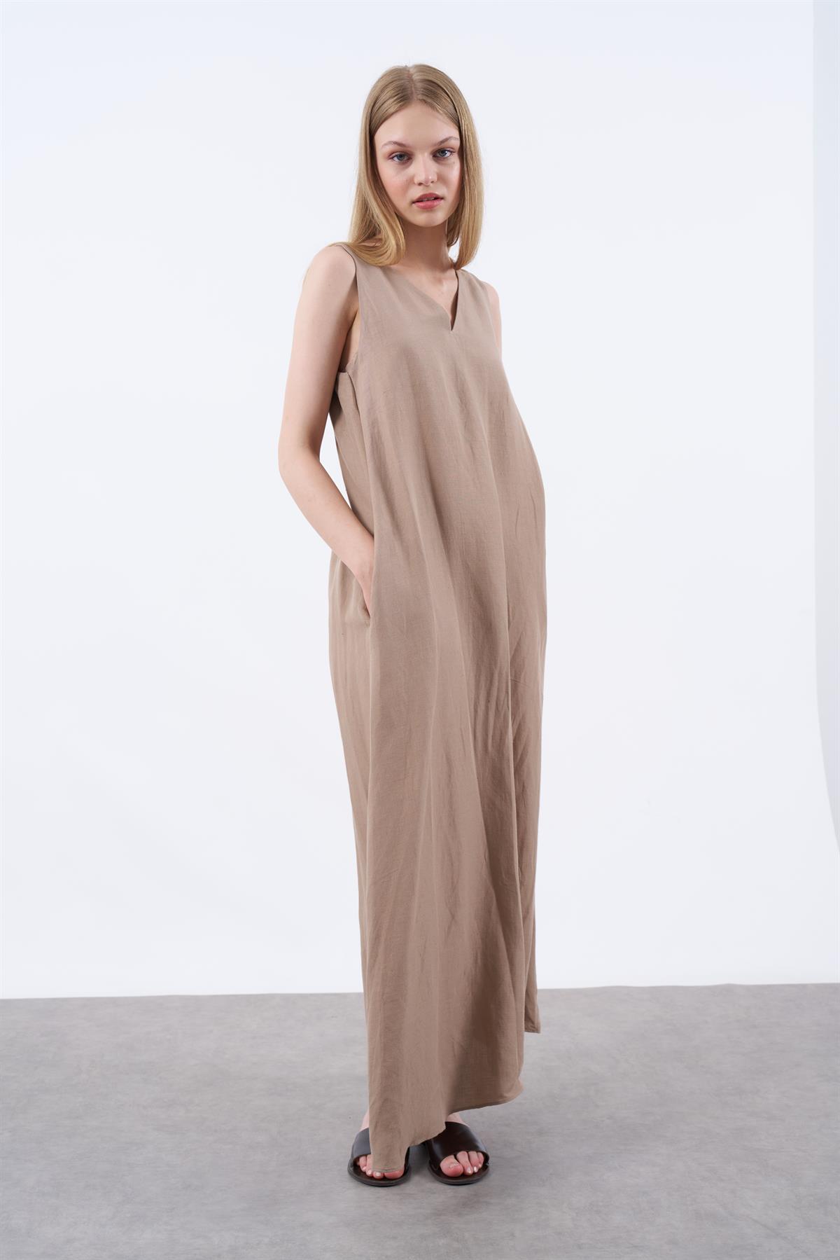 3216 LASTİK ASKILI ELBİSE VİZON