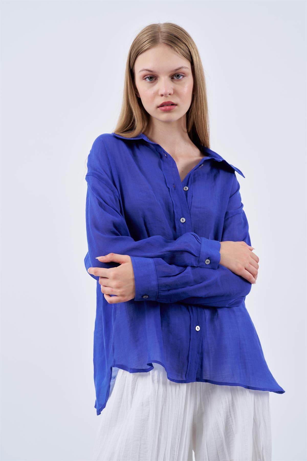 4924 OVERSIZE İPEKSİ GÖMLEK LACİVERT