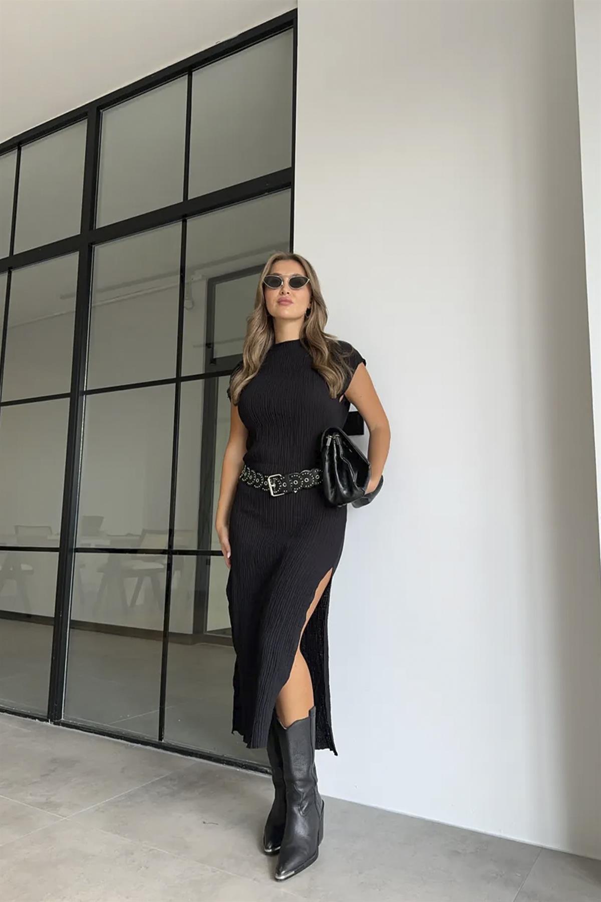 3233 KETEN ELBİSE SİYAH