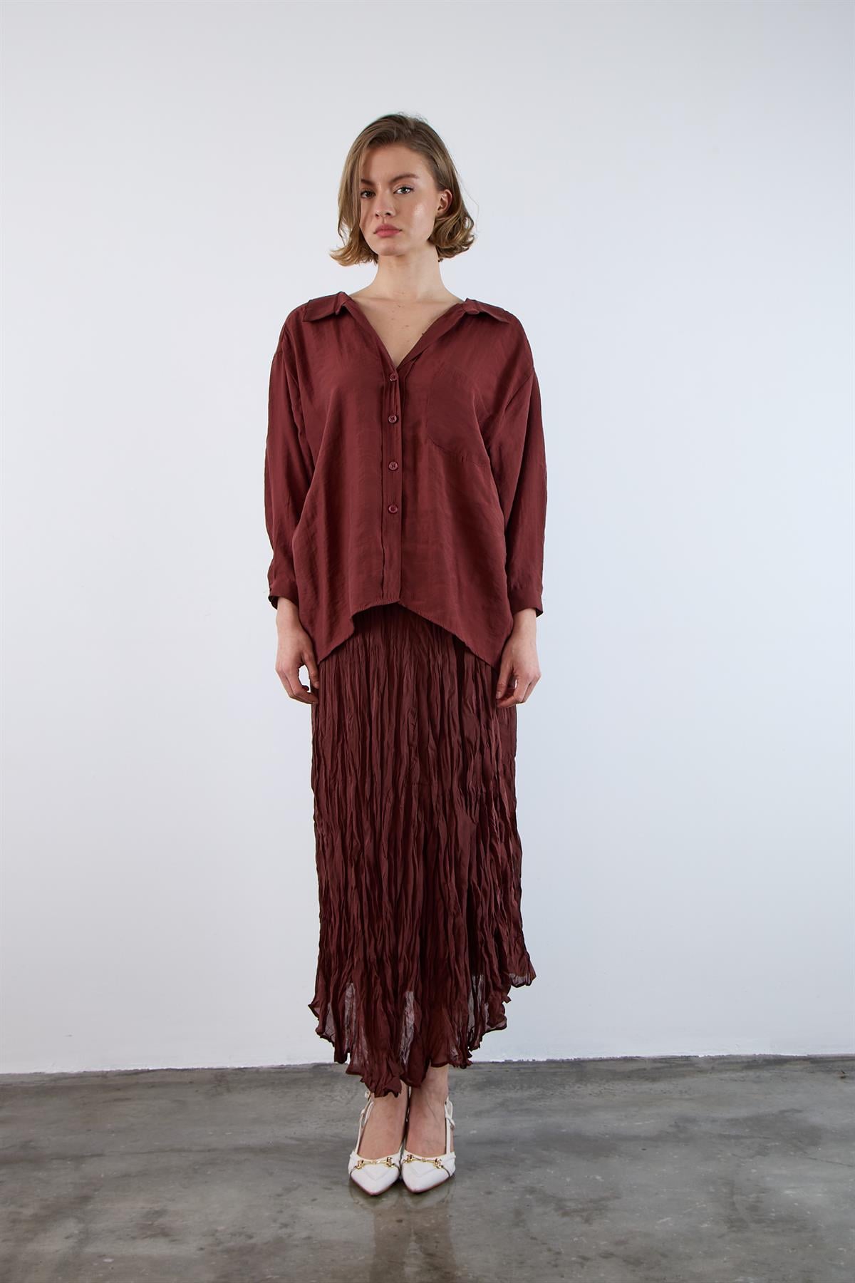 4612 DÜŞÜK OMUZLU OVERSİZE GÖMLEK KİREMİT