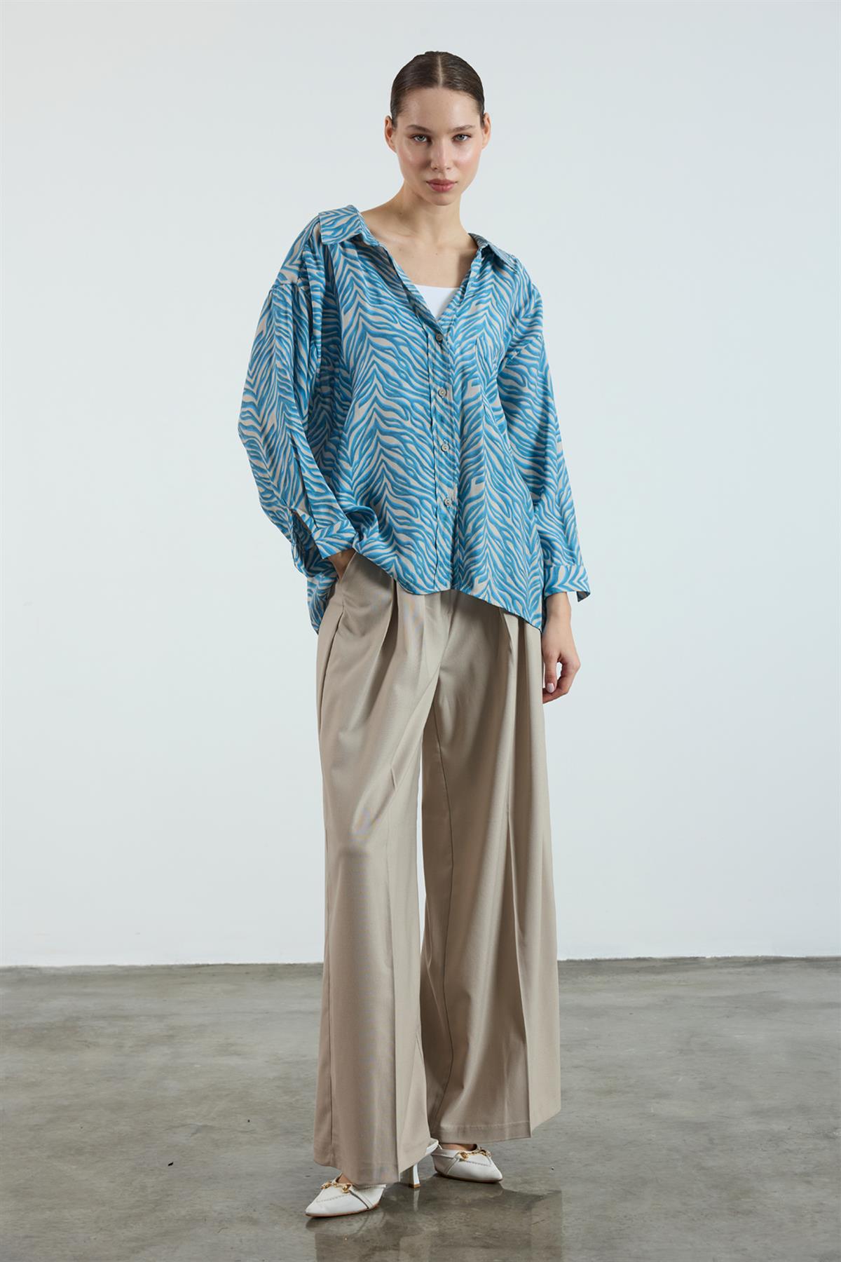 4960 DESENLİ OVERSIZE GÖMLEK İNDİGO