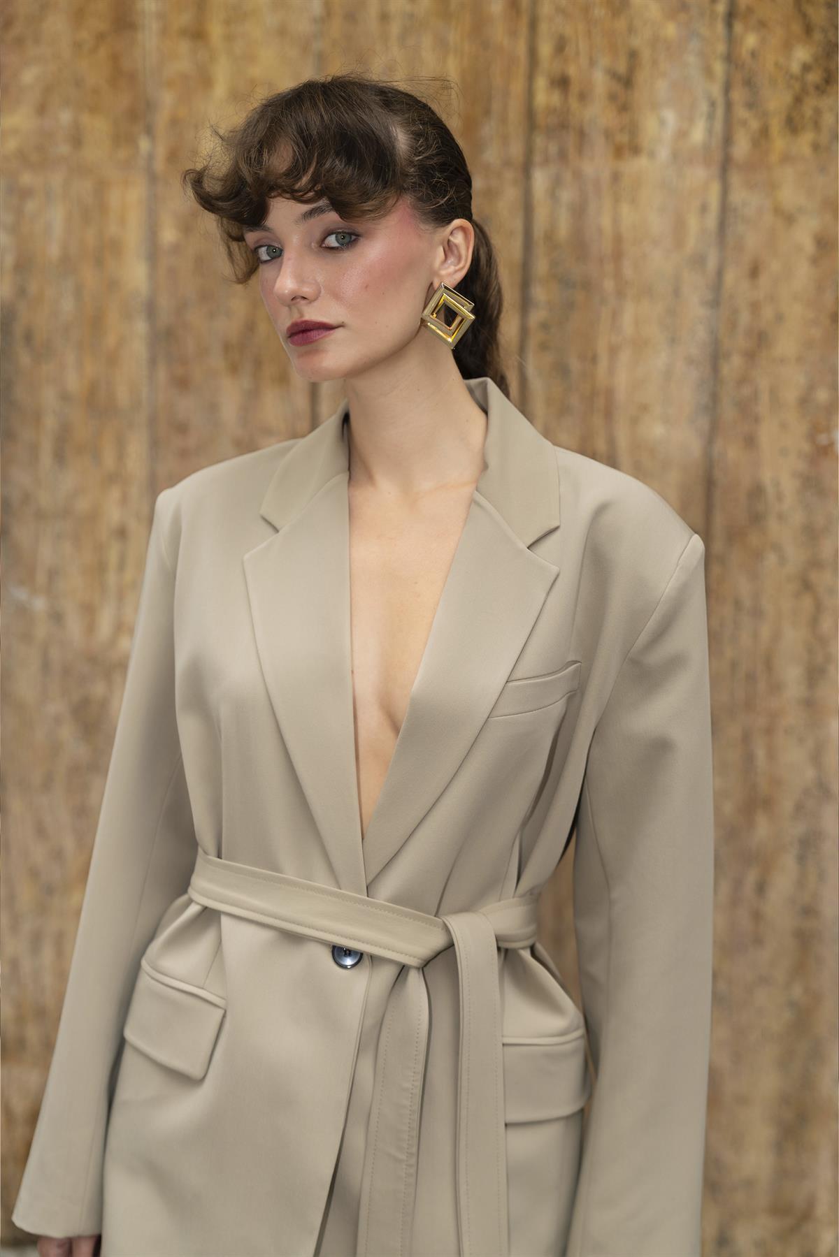 9597 CEKET KEMERLİ PANTOLON TAKIM CAMEL