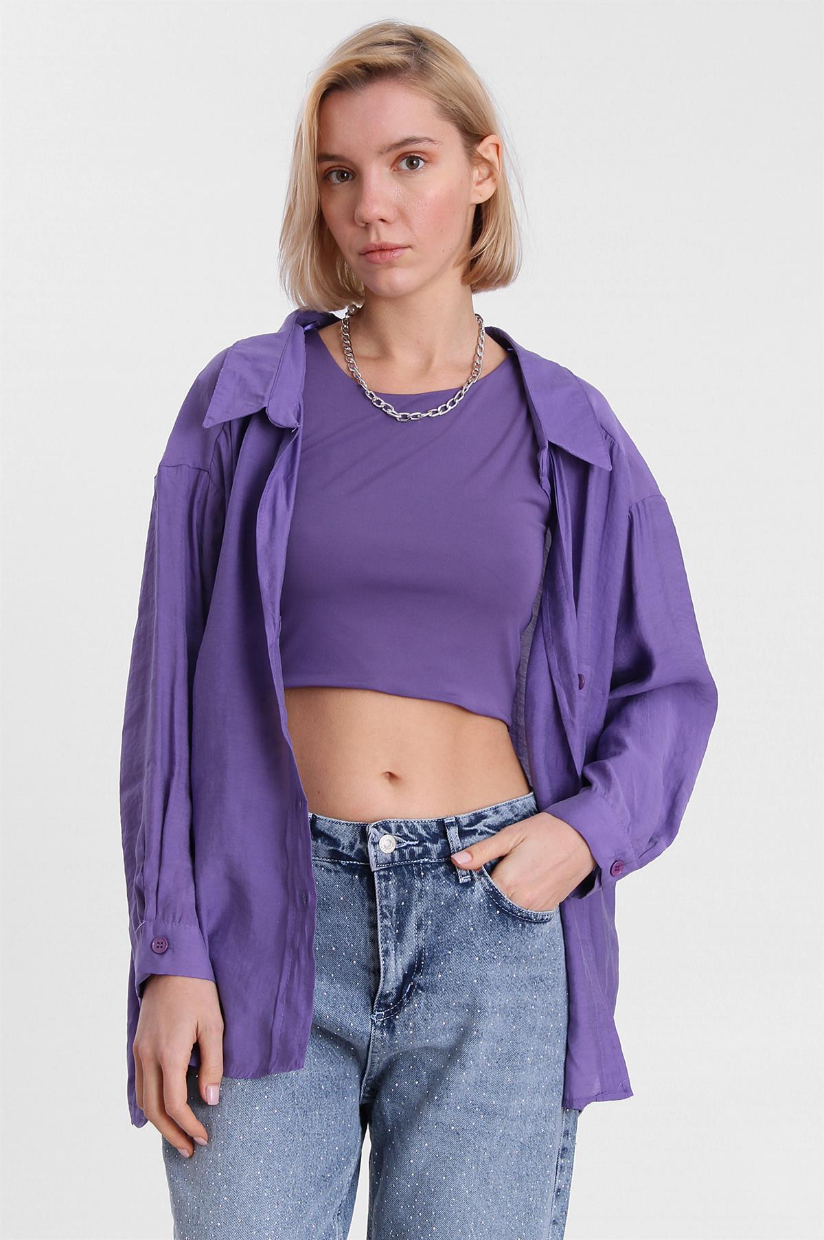 4612 DÜŞÜK OMUZLU OVERSİZE GÖMLEK MOR