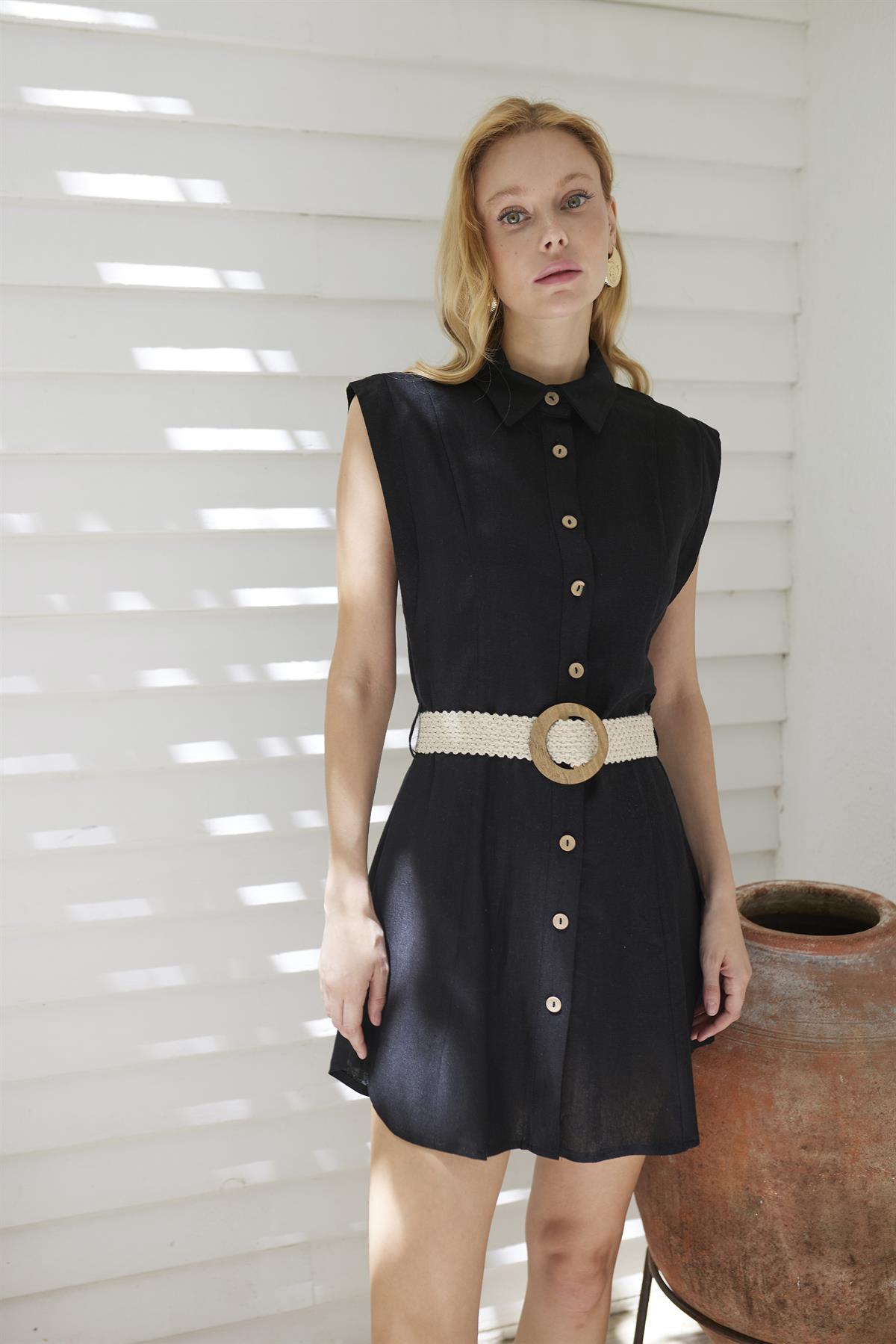 3329 KOLSUZ KEMERLİ ELBİSE SİYAH