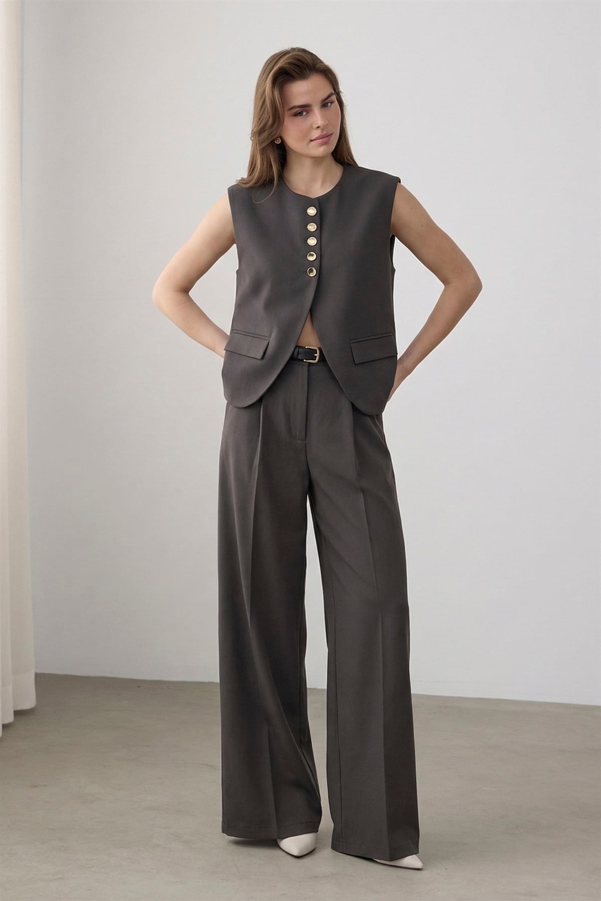 9716 KEMERLİ YELEK PANTOLON TAKIM (9595) KOYU KAHVE