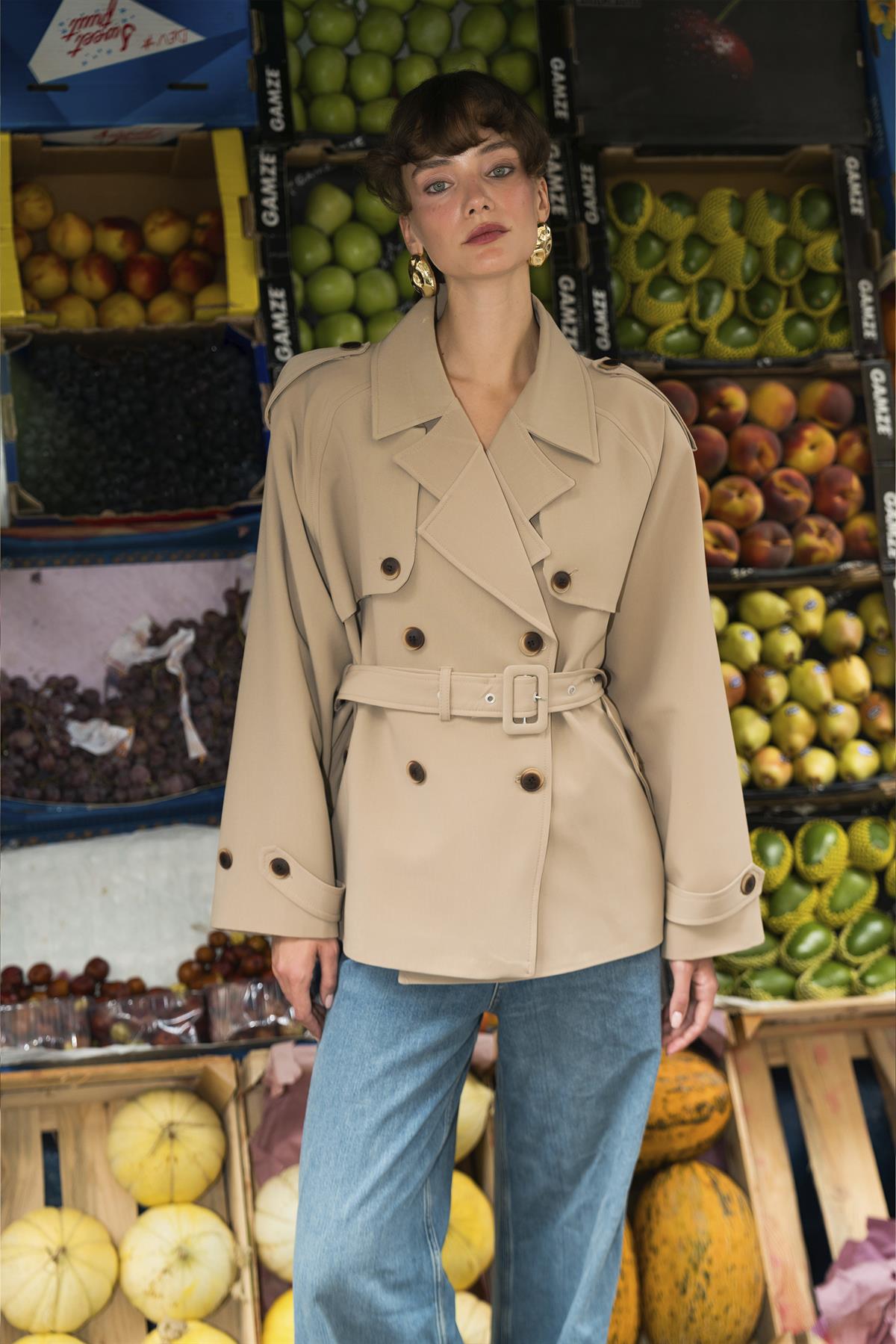 9587 ARA YAKALI TRENÇ CAMEL