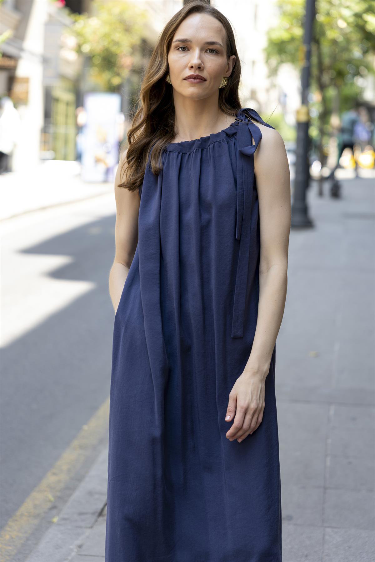 3213 OMUZDAN BAĞLAMALI ELBİSE LACİVERT