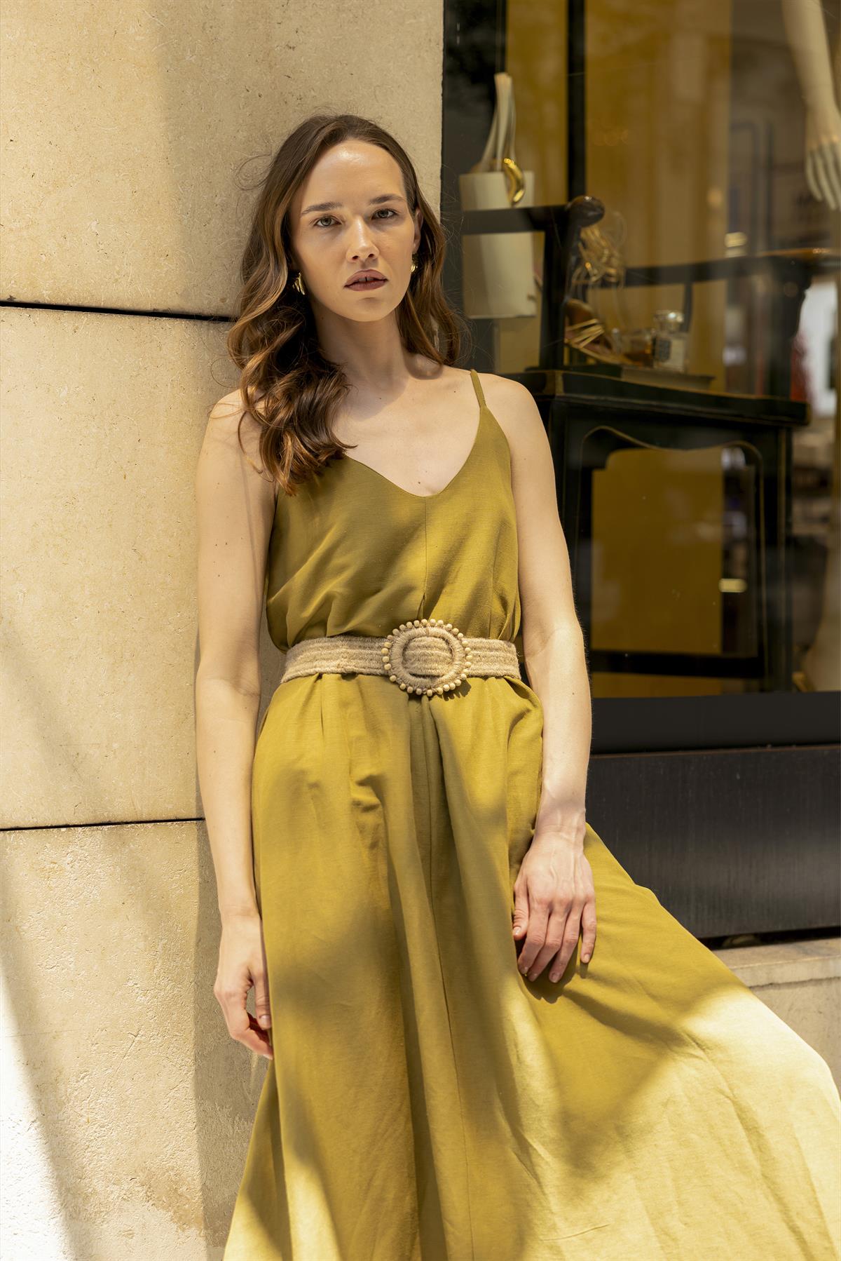 3303 İP ASKILI KEMERLİ ELBİSE OLİVE