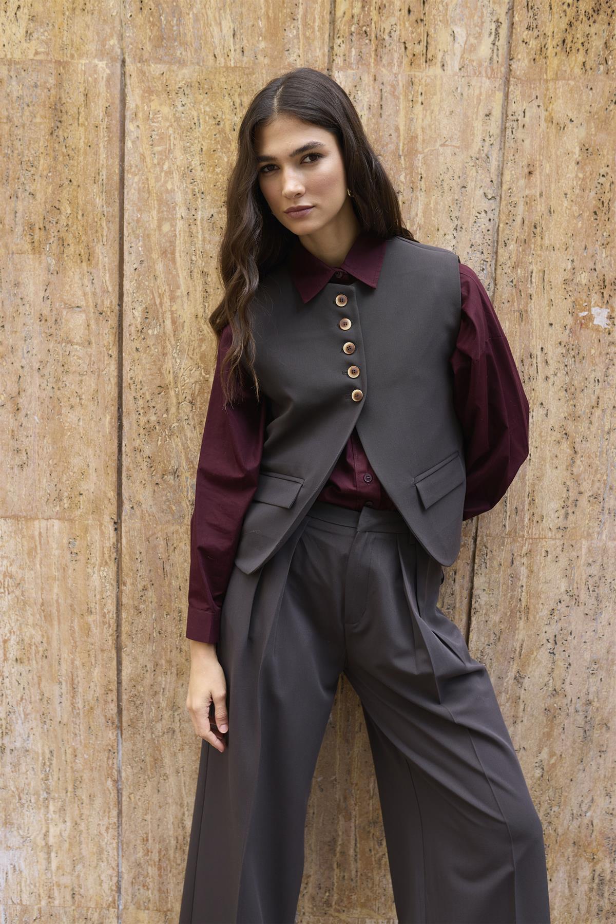 9595 YELEK PANTOLON TAKIM KOYU KAHVE