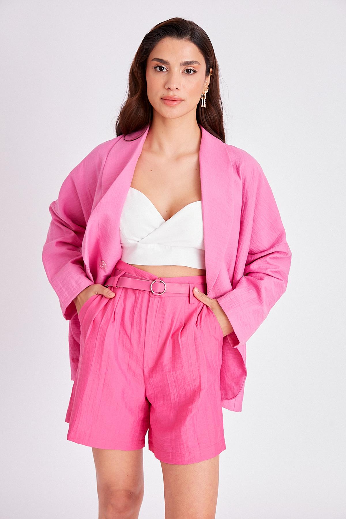 50530 ÇİFT PİLİLİ KETEN ŞORT FUŞYA