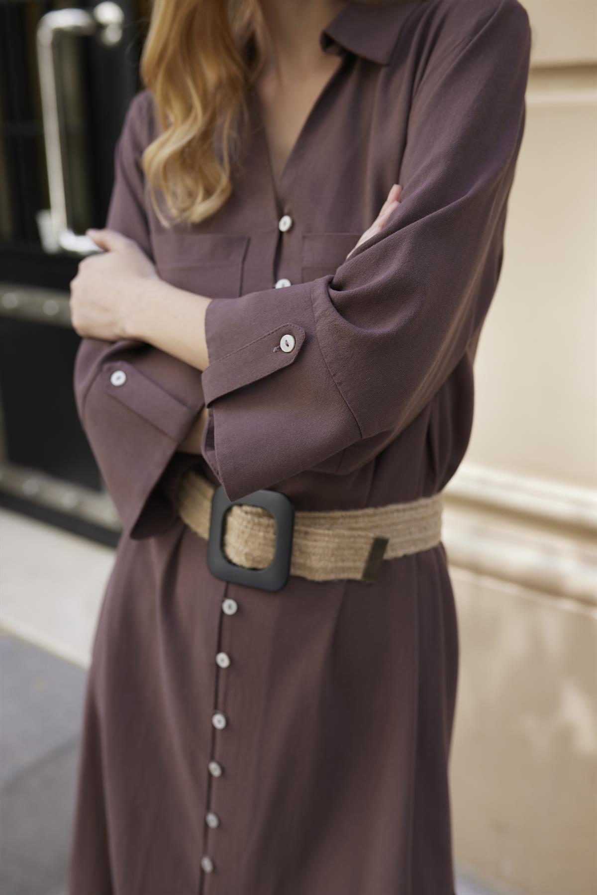 3330 KEMERLİ ELBİSE KAHVE