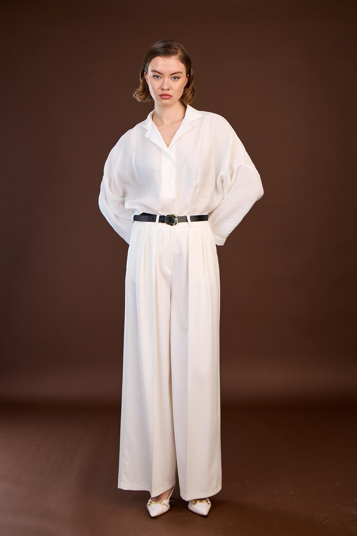 51070 PİLİLİ PALAZZO KEMERLİ PANTOLON BEYAZ