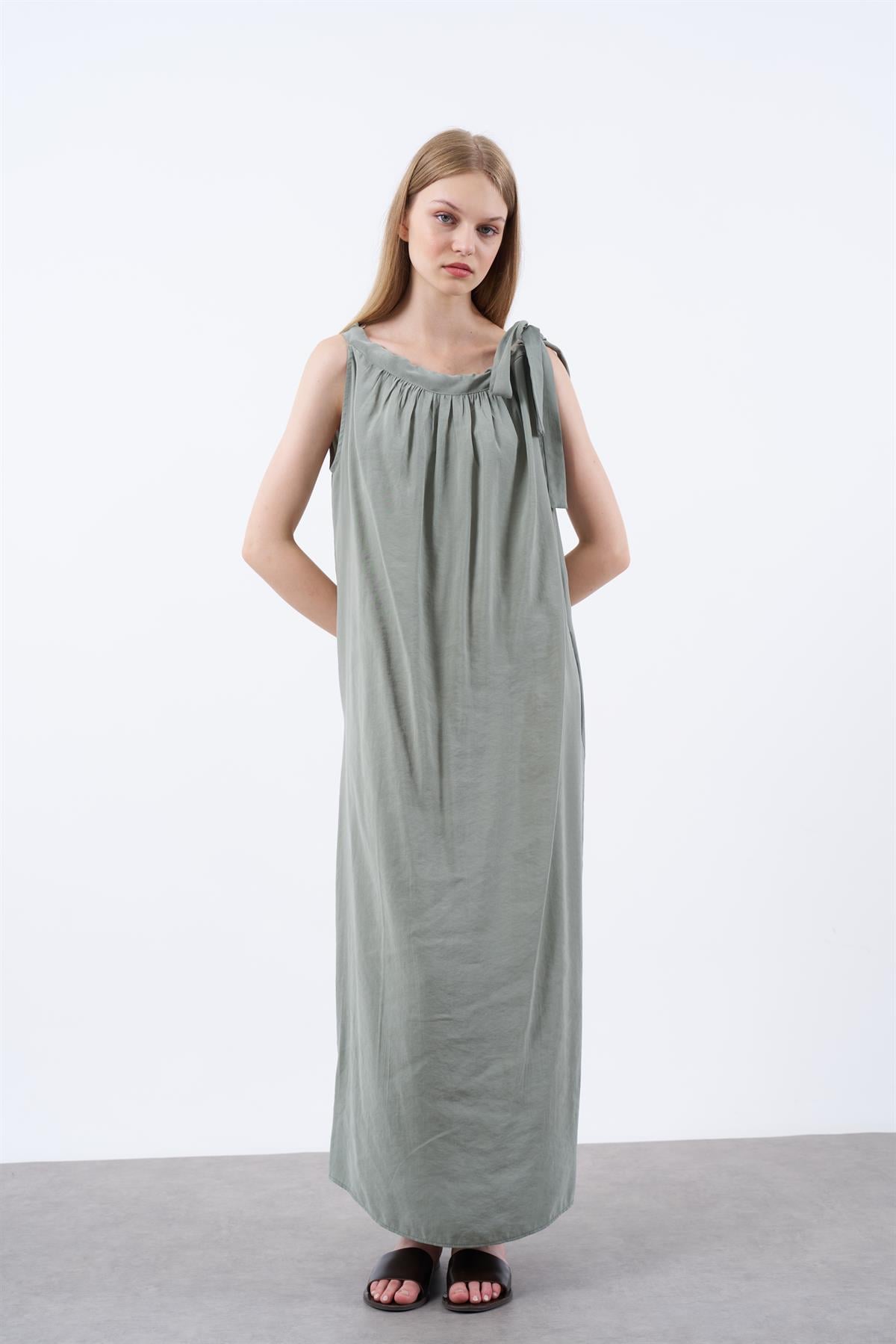 3213 OMUZDAN BAĞLAMALI ELBİSE ÇAĞLA YEŞİL